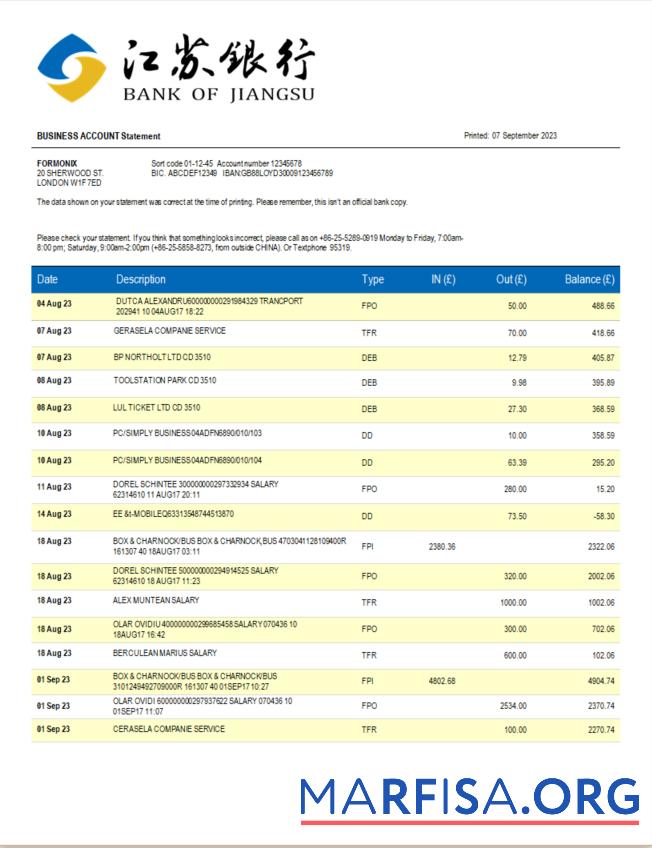 Printable Bank of Jiangsu corporate account statement Word and PDF template